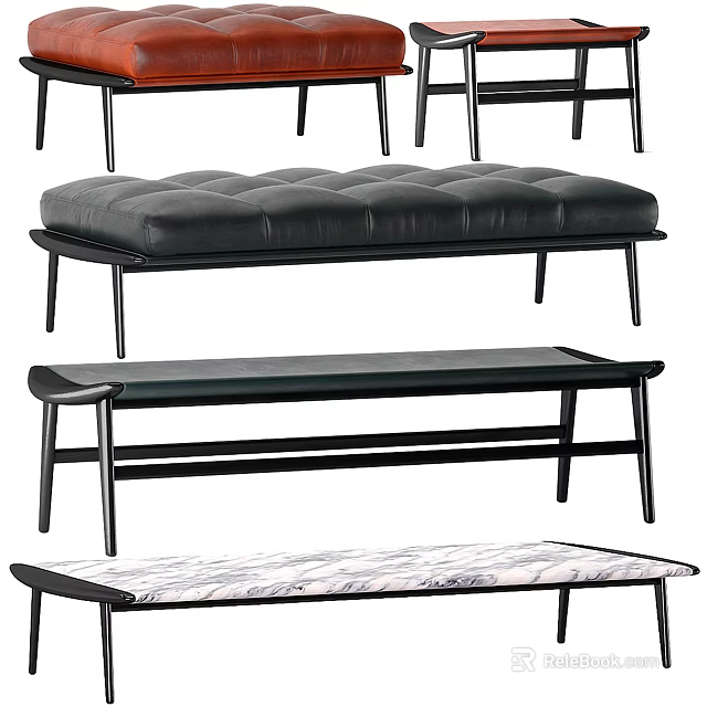 Modern Ottoman Bench Designs With Leather Cushion Wooden Frame And Patterned Seat 3d model 