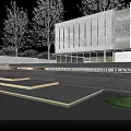 Modern Sales Office Building Exterior Featuring Glass Curtain Wall Landscaping And Orange Feature Sphere