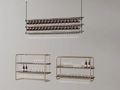 Elegant Golden Metal Hanging And Freestanding Shelving Units For Wine Glasses Bottles Storage 3d model