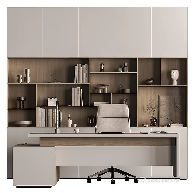 Modern Luxury Study Room Desk And Chair Set With White Wooden Bookshelf And Minimalist Design 3d model 