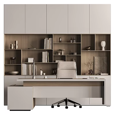 Modern Luxury Study Room Desk And Chair Set With White Wooden Bookshelf And Minimalist Design 3d model