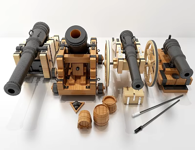 Vintage Cannon Models Wooden Metal with Wheels Barrels and Accessories Like Buckets Tools 3d model