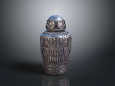 Silver Carved Vessel With Goggle Like Top Design And Intricate Engraved Patterns 3d model