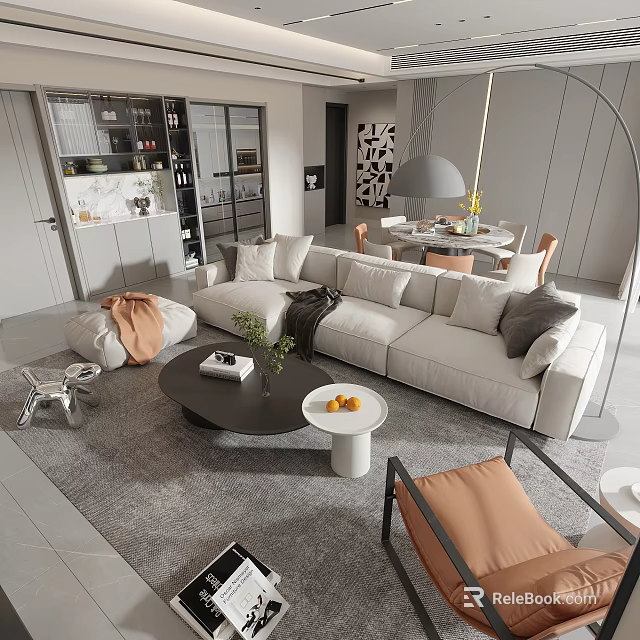 Modern Living Dining Room Interior With Beige Sofa Coffee Table And Dining Chairs 3d model 