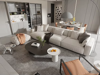 Modern Living Dining Room Interior With Beige Sofa Coffee Table And Dining Chairs 3d model