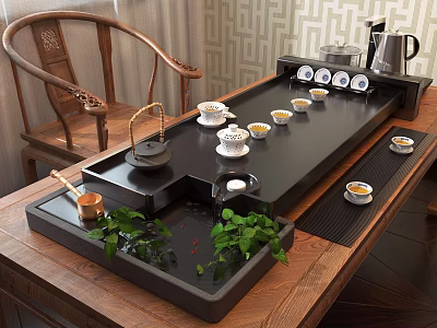 Traditional Chinese Tea Set Display on Black Tray with Teacups Teapot and Green Plants 3d model