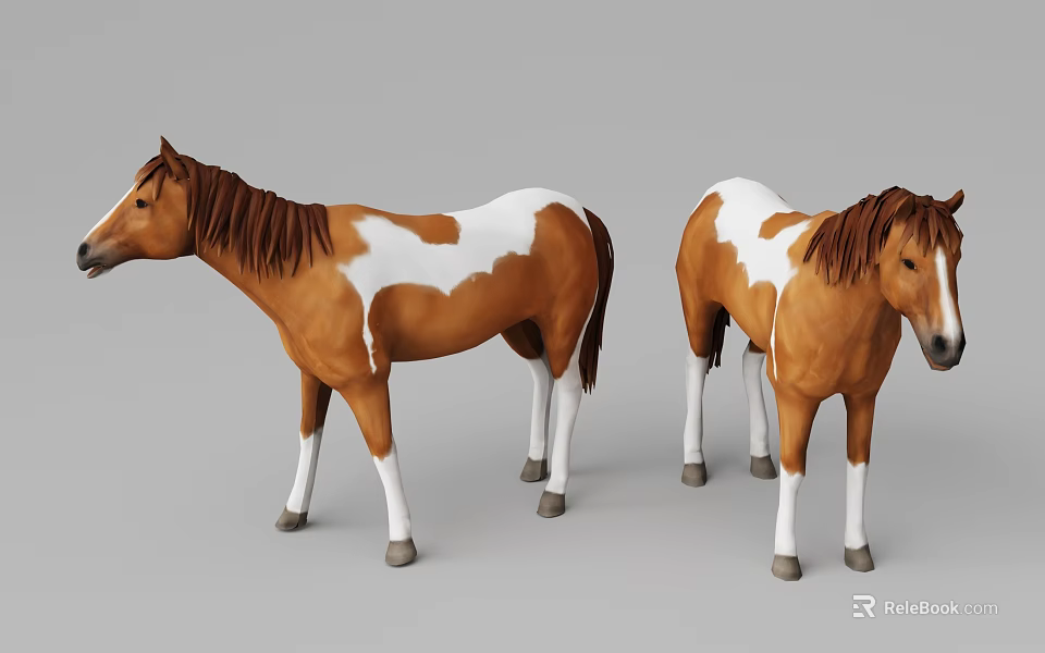 Two Brown And White Horse 3D Models Standing In Studio 3d model 