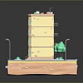 Cartoon Scene With Multi Story Yellow Building Windows Doors Green Trees And Street