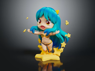 Playful Blue Haired Cartoon Character With Yellow Bikini And Stars On Star Shaped Base 3d model