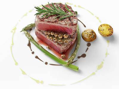 Juicy Grilled Steak Topped With Fresh Rosemary Served With Asparagus And Roasted Potatoes 3d model
