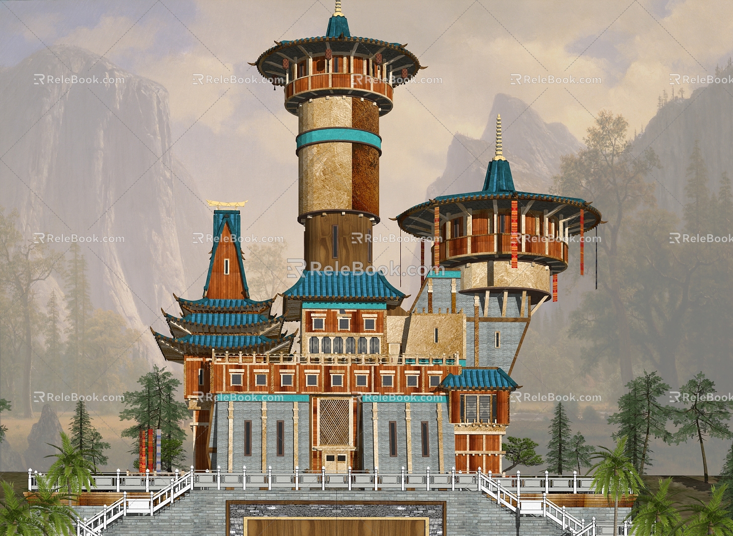 Chinese City Lookout Tower Castle Game Movie Scene 3d model