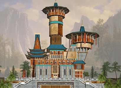 Chinese City Lookout Tower Castle Game Movie Scene 3d model