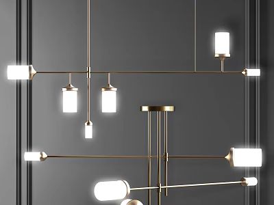 Sleek Modern Metallic Chandelier Featuring Multiple Arms And White Light Bulbs Against Dark Wall 3d model