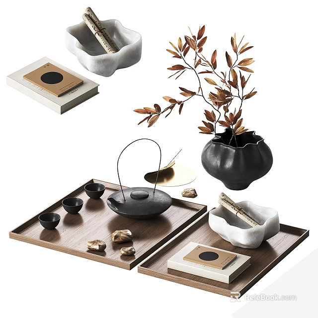 Elegant Tea Set With Wooden Tray Ceramic Teapot Small Cups And Decorative Tea Accessories 3d model 