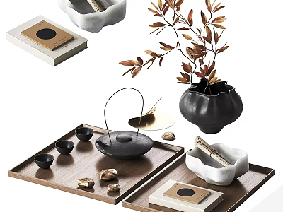 Elegant Tea Set With Wooden Tray Ceramic Teapot Small Cups And Decorative Tea Accessories 3d model