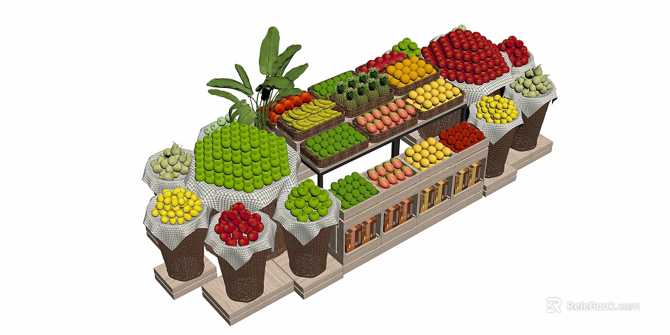 Fruit Display Shelves With Various Fresh Fruits Neatly Arranged In Baskets 3d model 