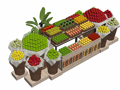 Fruit Display Shelves With Various Fresh Fruits Neatly Arranged In Baskets 3d model
