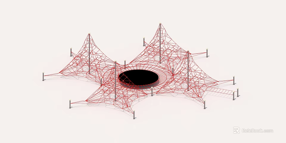 Outdoor Playground Equipment Red Net Climbing Structure With Black Circular Center And Support Poles 3d model 