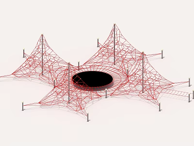 Outdoor Playground Equipment Red Net Climbing Structure With Black Circular Center And Support Poles 3d model