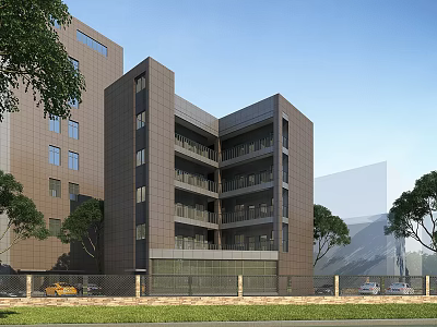 Modern Multi Storey Industrial Factory Building With Brown Facade And Trees Around 3d model