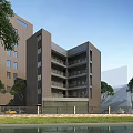 Modern Multi Storey Industrial Factory Building With Brown Facade And Trees Around
