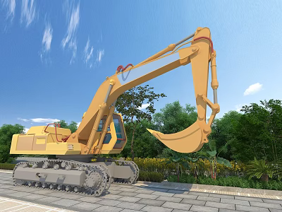 Yellow Crawler Excavator with Boom Arm Grapple Bucket in Green Trees Blue Sky Setting 3d model