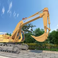 Yellow Crawler Excavator with Boom Arm Grapple Bucket in Green Trees Blue Sky Setting