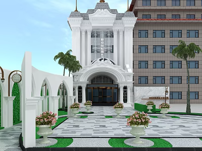 Elegant White Hotel Building Featuring Arched Entrance Decorative Columns Front Garden And Palm Trees 3d model