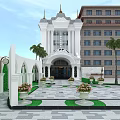 Elegant White Hotel Building Featuring Arched Entrance Decorative Columns Front Garden And Palm Trees
