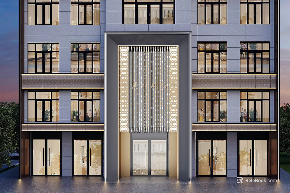 Modern Multi Story Building Storefront With Glass Doors And Decorative Grille 3d model 