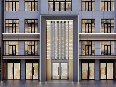 Modern Multi Story Building Storefront With Glass Doors And Decorative Grille 3d model