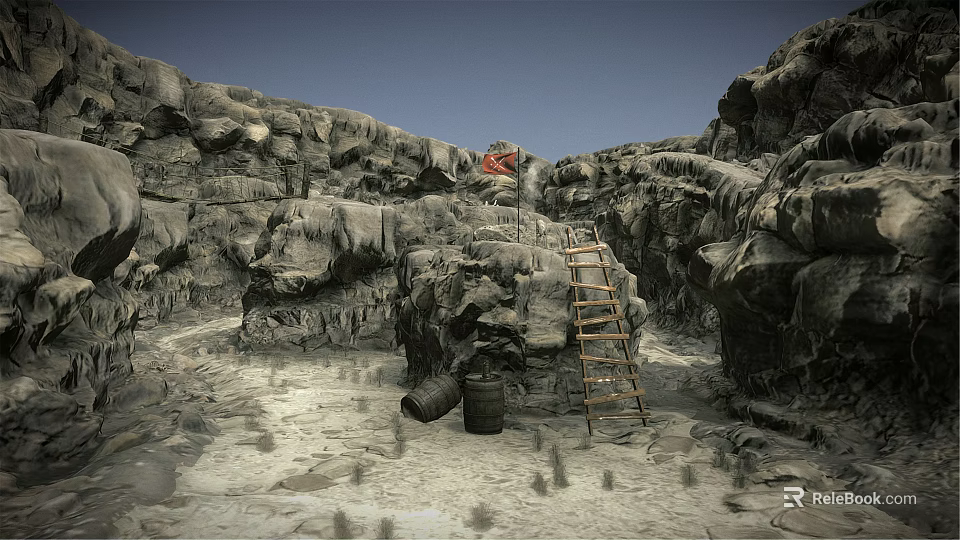Garden Landscape With Rocky Terrain Wooden Ladder Barrel And Red Flag Features 3d model 