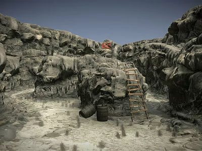 Garden Landscape With Rocky Terrain Wooden Ladder Barrel And Red Flag Features 3d model