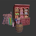 Red Display Cabinet With Wooden Barrel Foldable Umbrella Stand And Shelves For Retail Shop