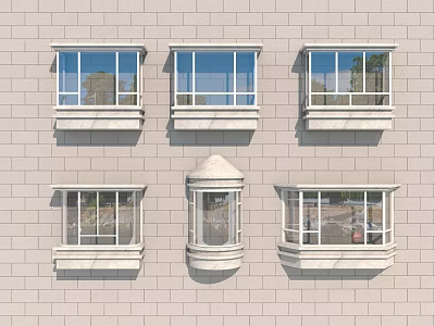 Multiple Bay Windows On Building Exterior With Stone Wall And White Frames 3d model