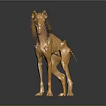 Golden Dog Like Creature Sculpture With Mane And Metallic Body On Gray Background