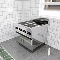 Cafeteria Kitchen Area Featuring Stainless Steel Cooking Range White Tile Walls And Gray Floor Tiles