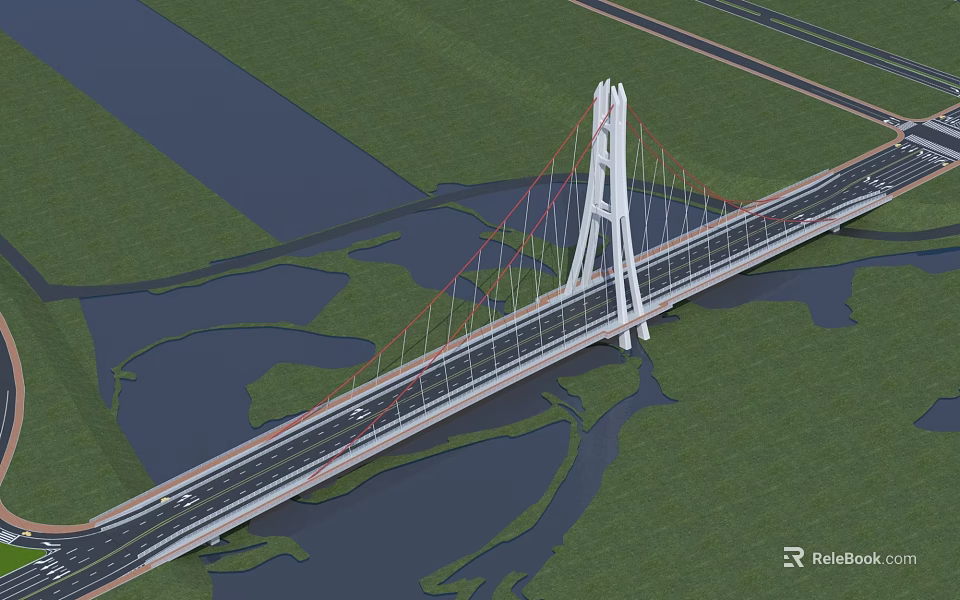 Modern Cable Stayed Bridge Over River With White Tower Red Cables And Green Landscape 3d model 