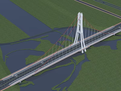 Modern Cable Stayed Bridge Over River With White Tower Red Cables And Green Landscape 3d model