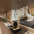 Modern Boutique Store Interior Design With Wooden Shelves Staircase And Hanging Lamps