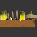 Rocky Terrain Model Displaying Orange Peaks Yellow Layers Black Stones And Wooden Boat