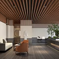 Modern Interior With Wooden Ceiling Vertical Slats Green Plants And Water Feature