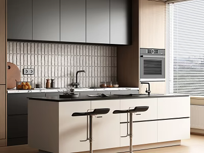 Modern Kitchen Bar Area With Sleek Countertop Black Stools And Gray Cabinets 3d model