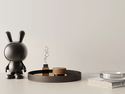 Stylish Decorative Ornament Set with Black Rabbit Figurine Transparent Crystal and Round Tray on Table 3d model