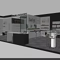 Chocolate Packaging Exhibition Booth Interior With Display Shelves Counter And Stools Design 3d model