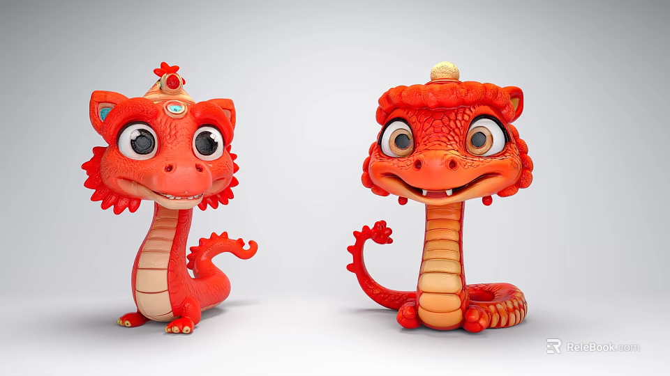 Cute Red Cartoon Dragon Toys With Big Eyes And Decorative Headpieces 3d model 