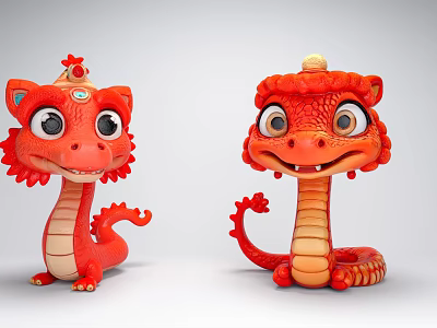 Cute Red Cartoon Dragon Toys With Big Eyes And Decorative Headpieces 3d model