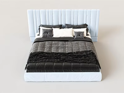 Modern Double Bed with Light Blue Tufted Headboard and Black Gray Bedding 3d model