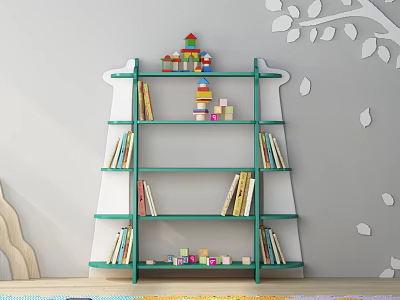 Green Children's Bookshelf With Multiple Shelves Toys Blocks Small House And White Leaf Wall Decor 3d model