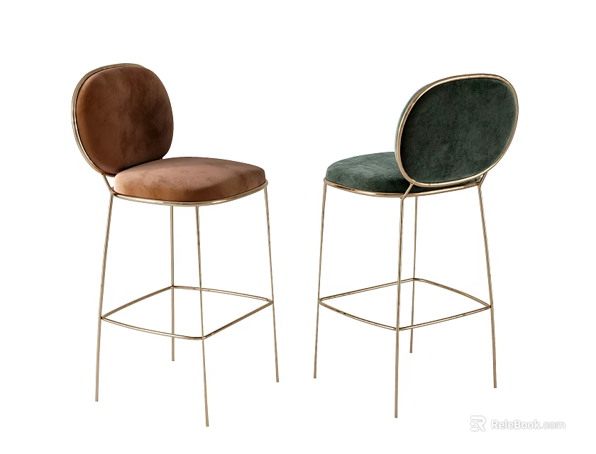 Modern Minimalist Bar Stools With Brown Green Velvet Seats And Metal Legs 3d model 